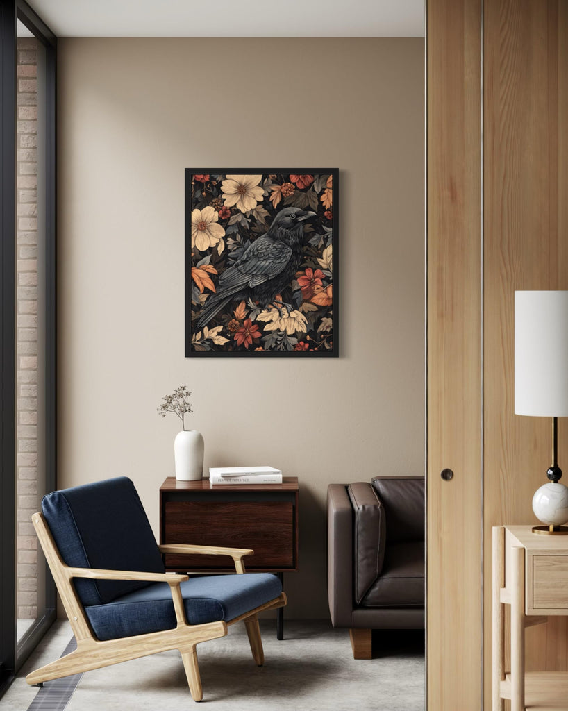 Raven Unframed Art Print Poster, William Morris Style Retro Mid Century Botanical Victorian Dark Academia Gothic