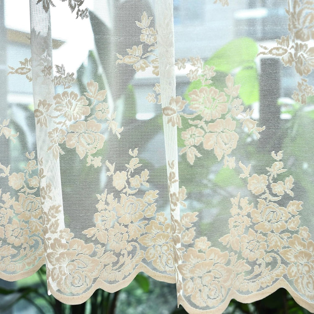 Beige Lace Valance Curtain for Kitchen Window, Rusitc Floral Vintage Cream Sheer Valance Over Sink 18 Inch Length