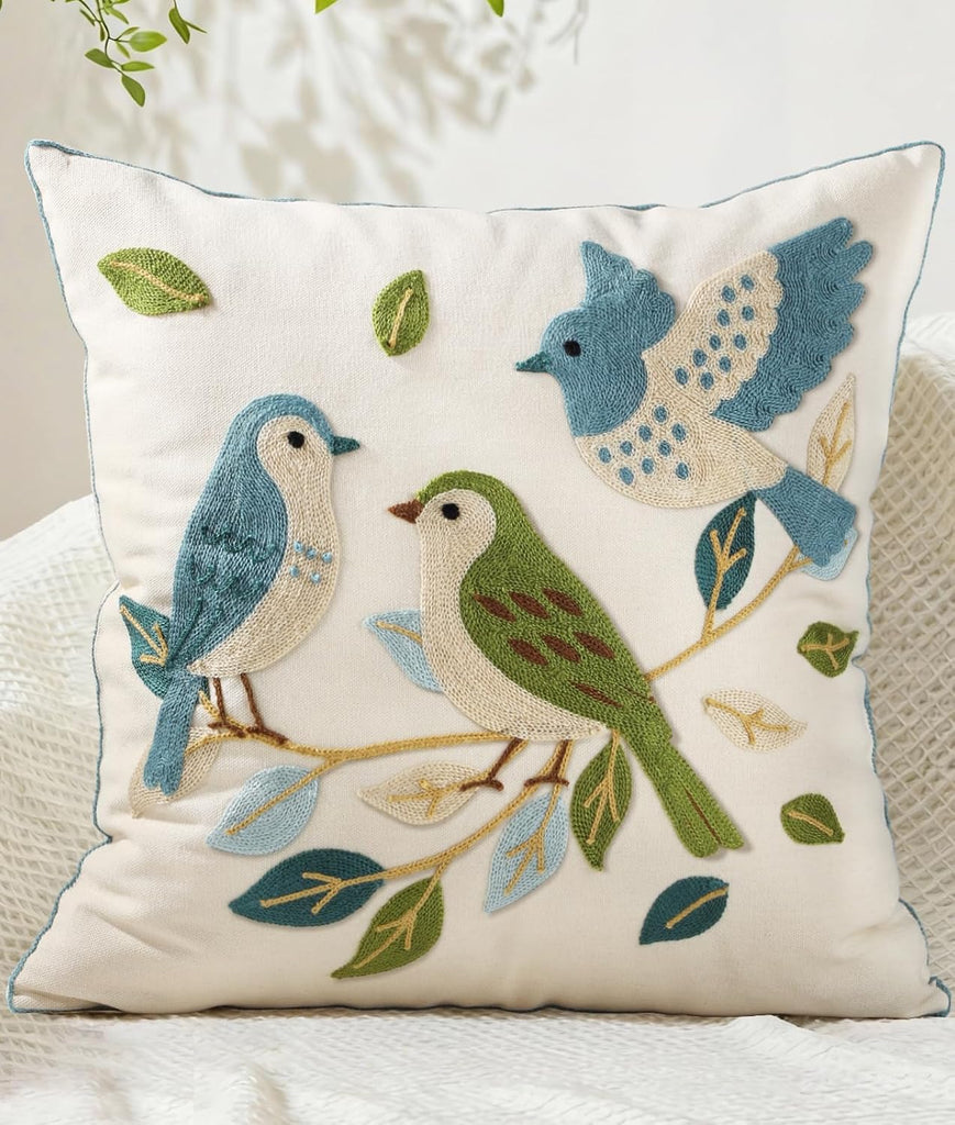 Embroidered Throw Pillow Cover 18x18 Inch - Summer Farmhouse Decorative Pillow Covers with Zipper, Birds Leaves
