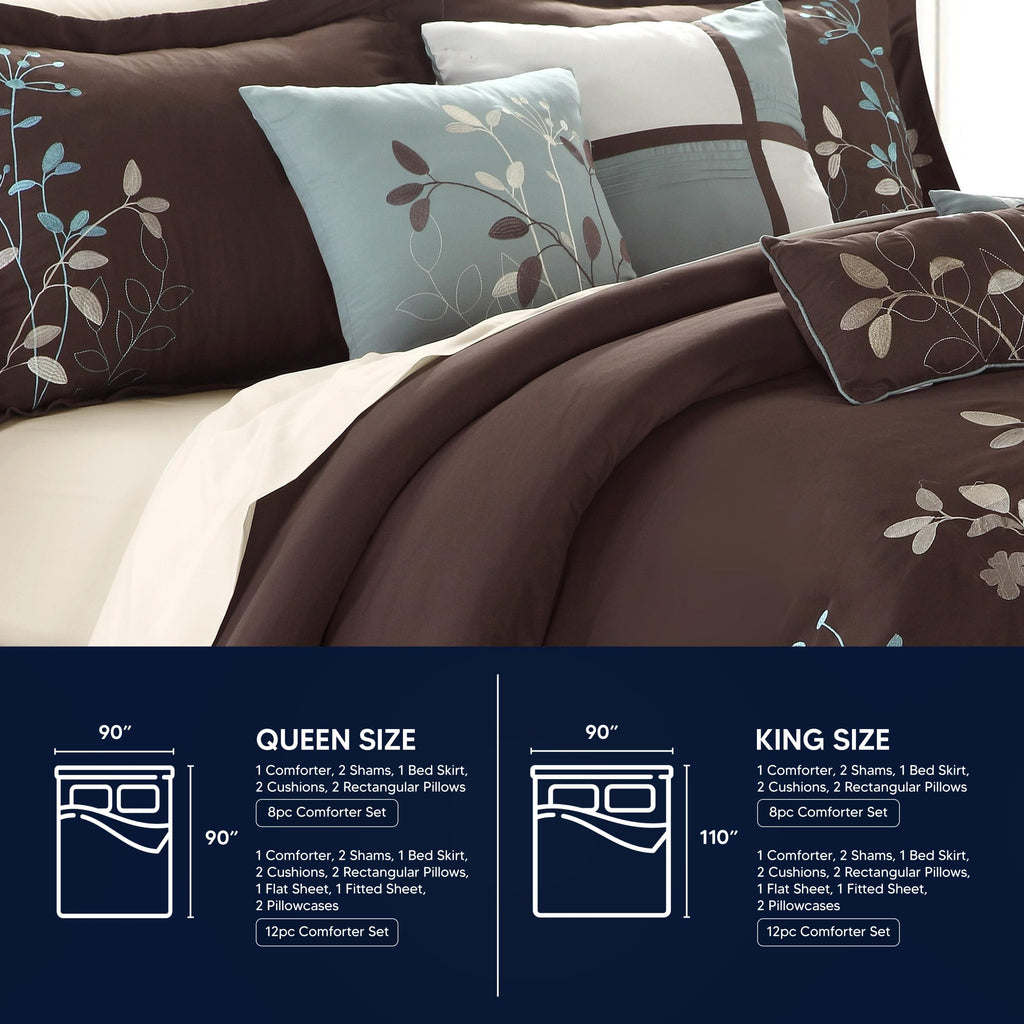 Bliss Garden 8 Piece Embroidered Comforter Set, Queen, Brown