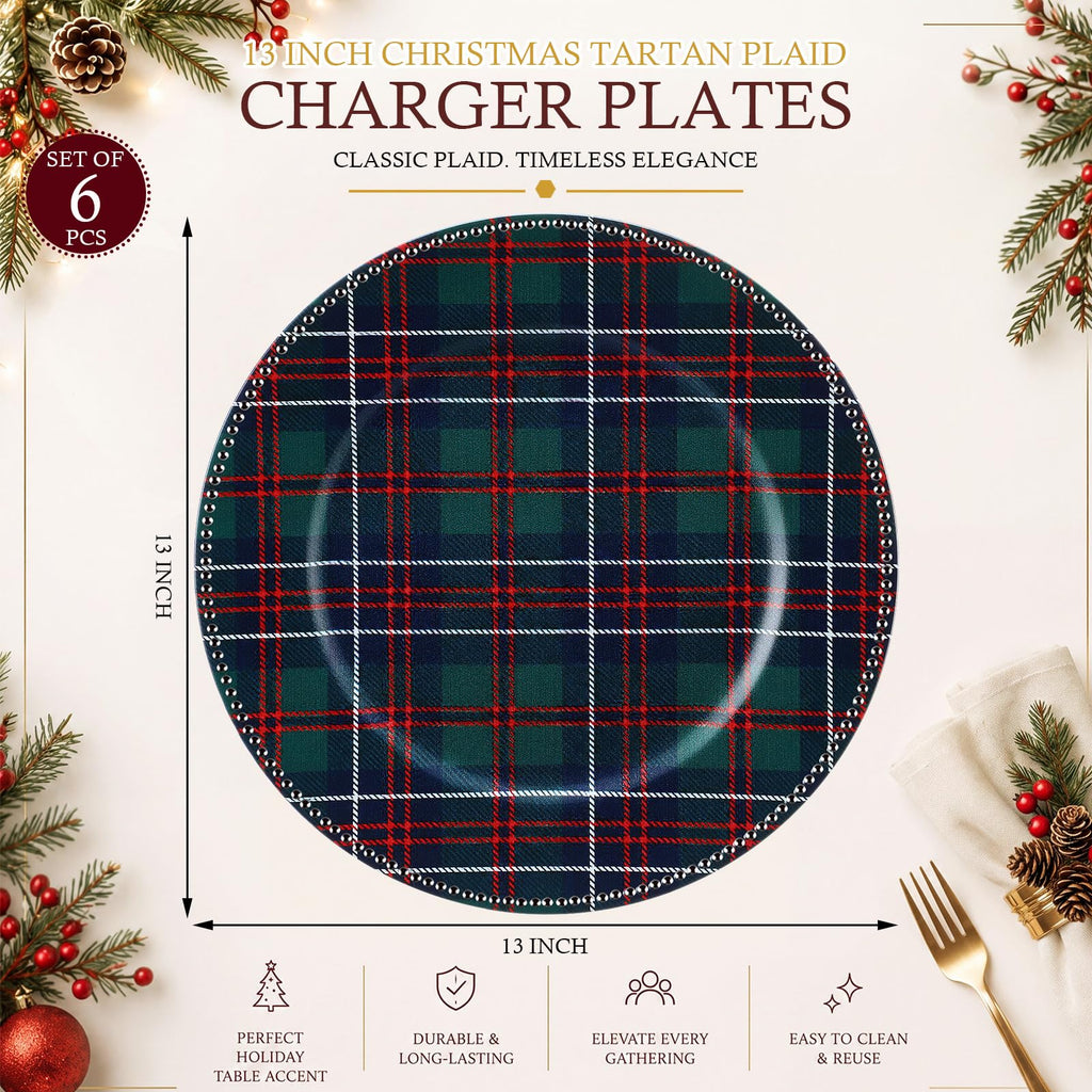 6 Pack 13" Christmas Tartan Plaid Charger Plates Round with Beaded