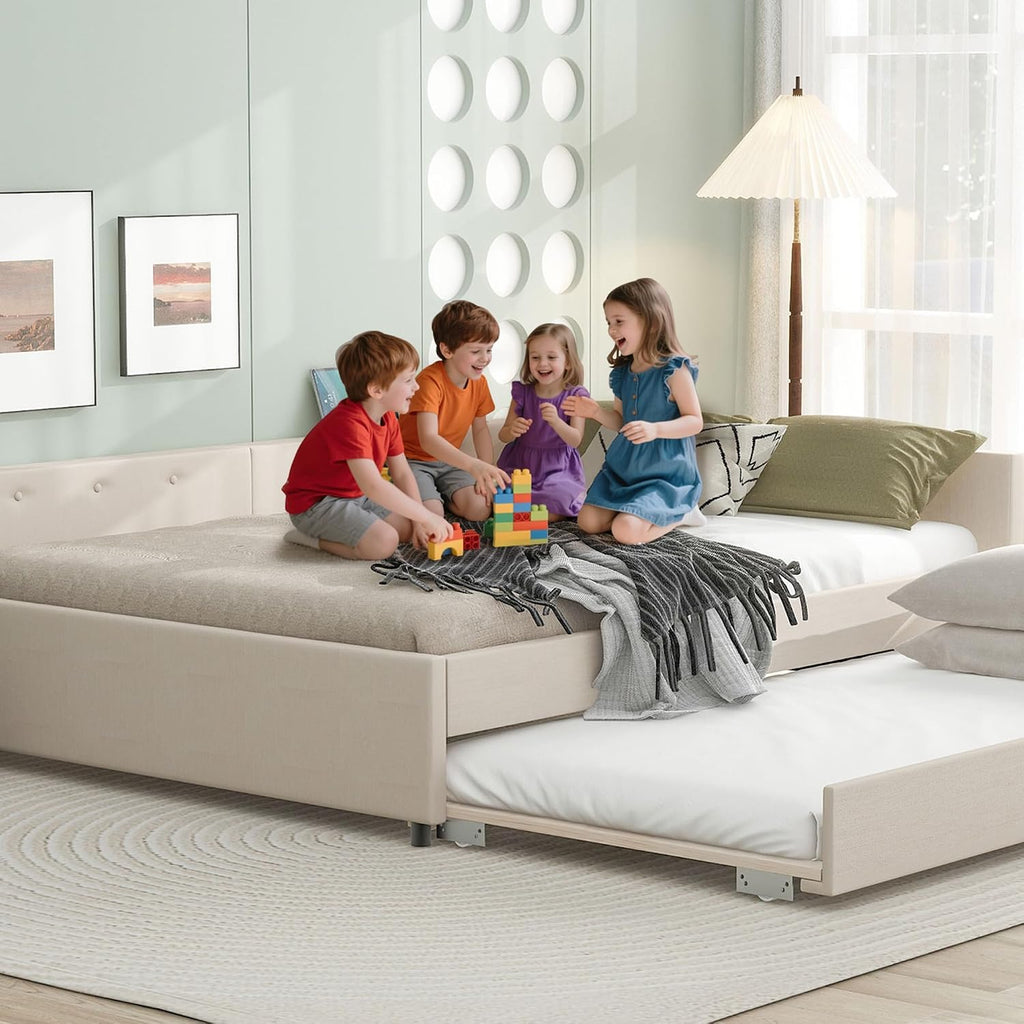 Queen Size Daybed with Storage and USB, Modern Cloud Bed Frame with Twin Size Trundle, Linen Upholstered Platform