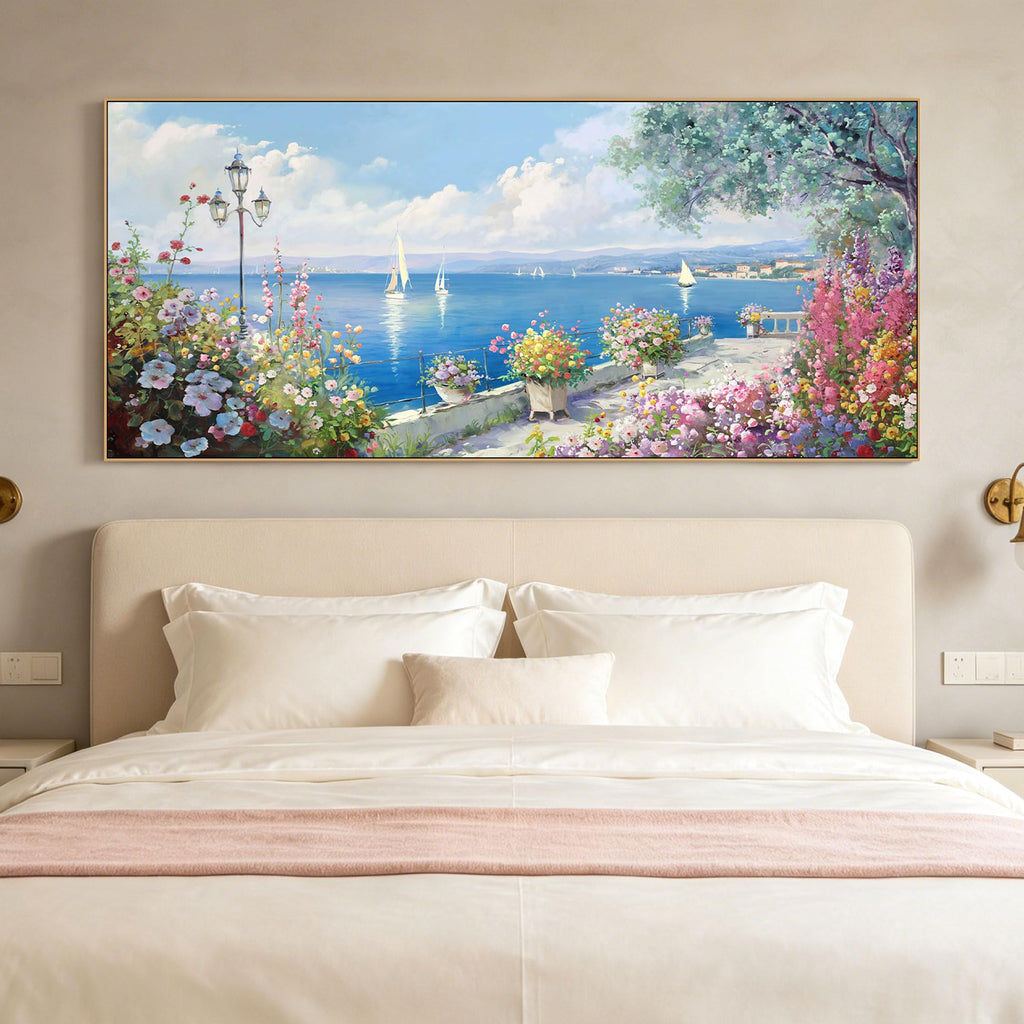 Oversized French Coastal Flower Sailboat Canvas Wall Art Framed Pastel