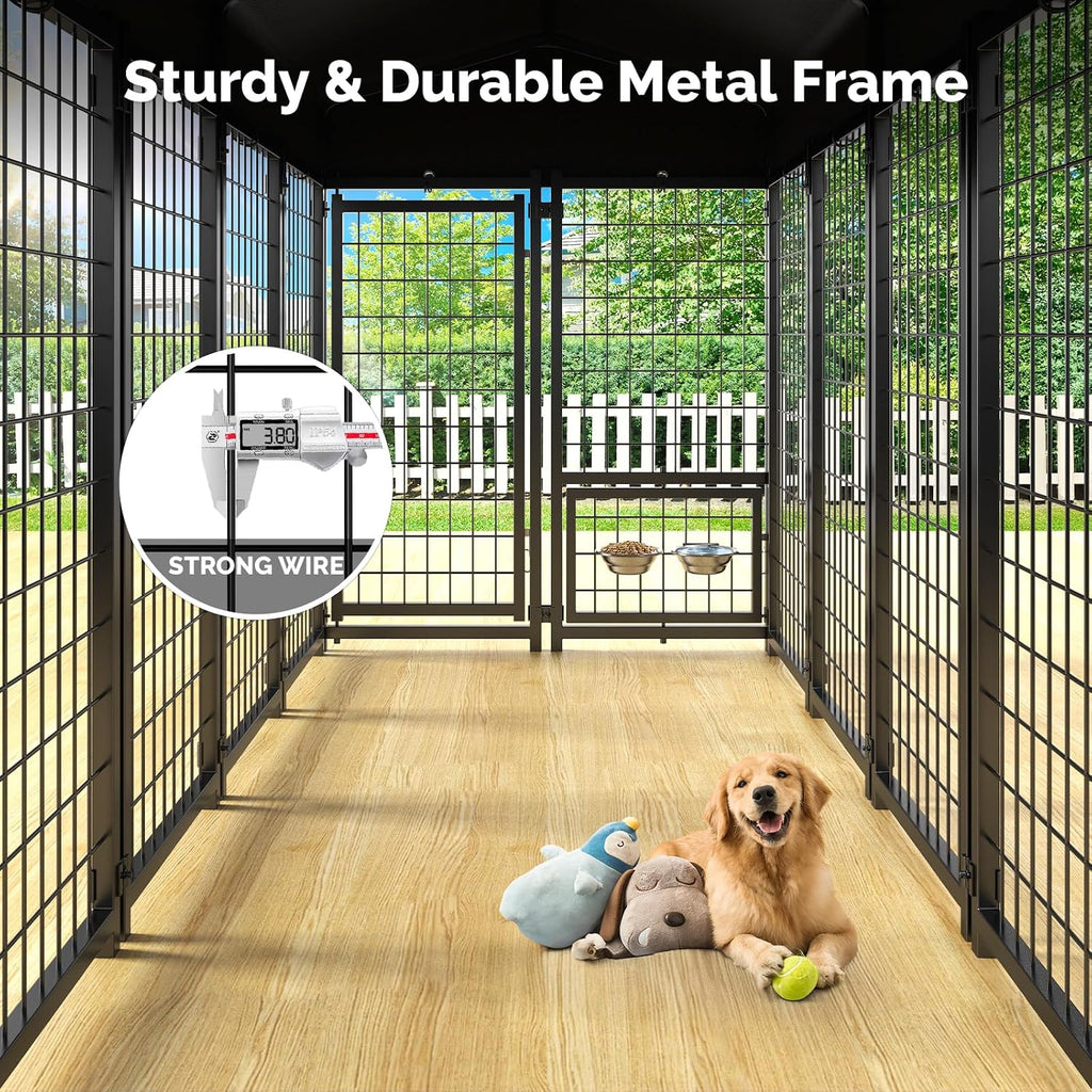 2PCS Outdoor Dog Kennel Outside Run with Doggy Door, Swivel Feeder&Roof - 8x4x6FT Large Dog Kennels Pens Outside