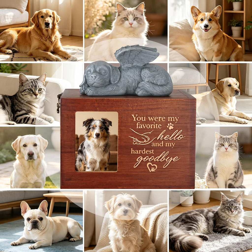 Pet Urn for Dogs Wooden Ashes Keepsake Memory Box with Photo Frame Pet Loss Sympathy Remembrance Cremation Urns