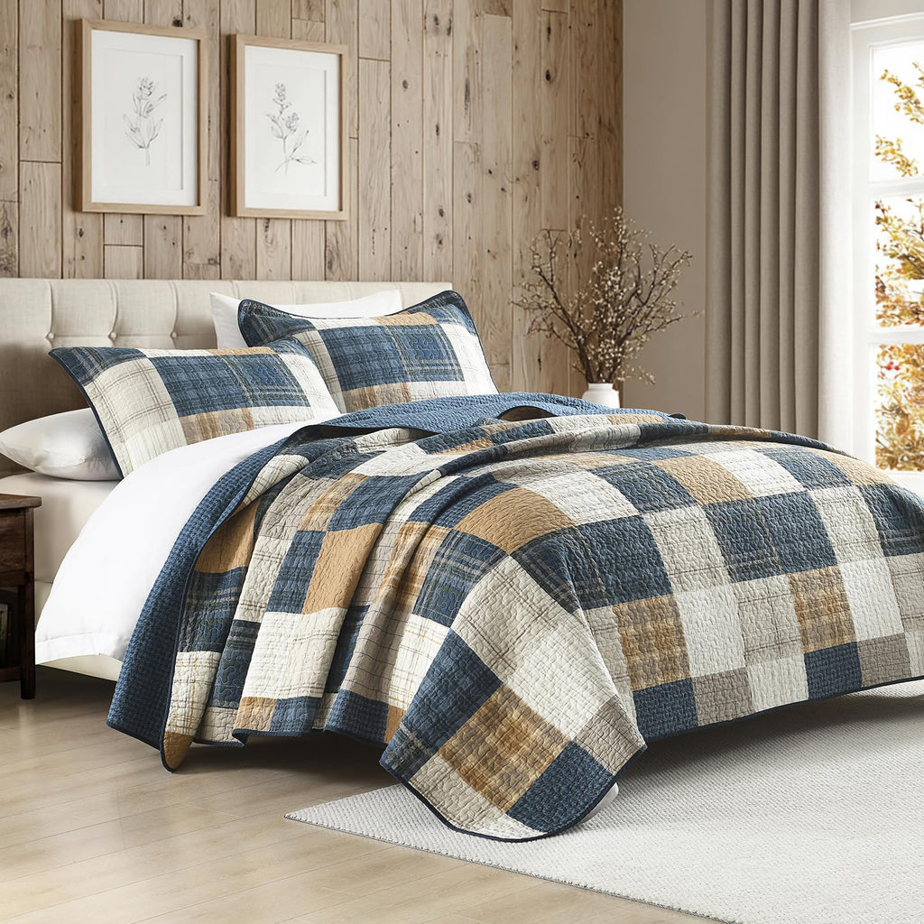 100% Cotton Quilt Set, Rustic Farmhouse Plaid, Blue/Khaki
