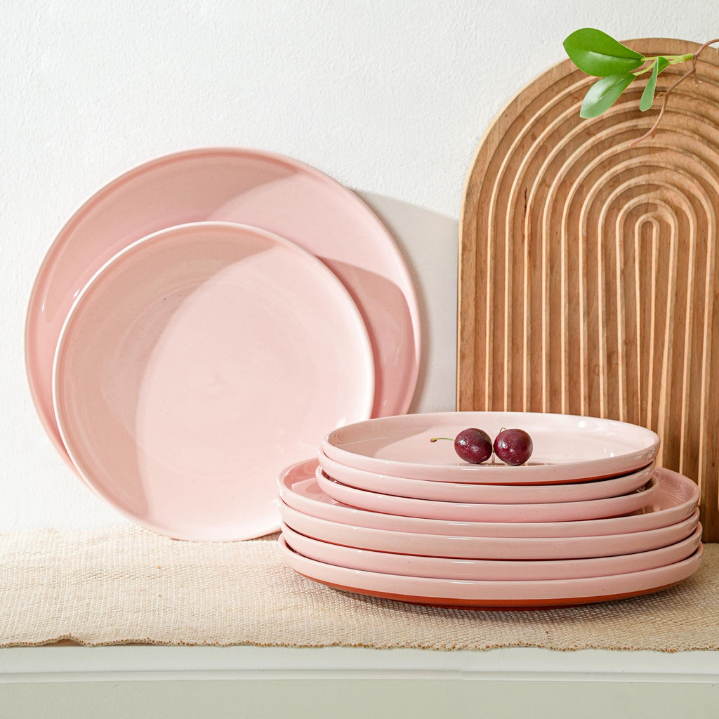 12 Piece Ceramic Plates and Bowls Sets for 4, Elegant Pink