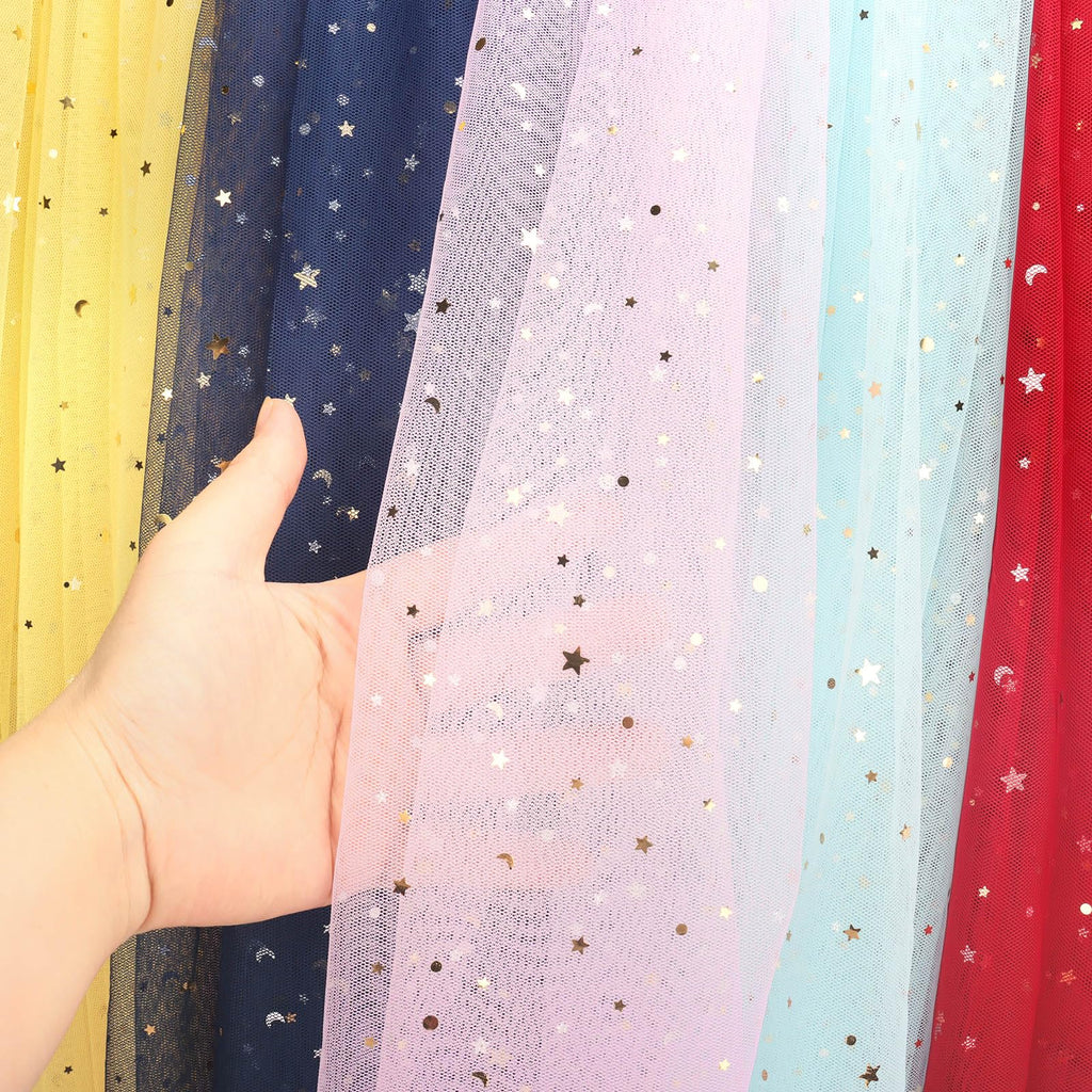 59" x 2 Yards Light Pink Glitter Tulle Rolls Star Moon Sequin Tulle Fabric Bolt for Photography Props Background Tutu