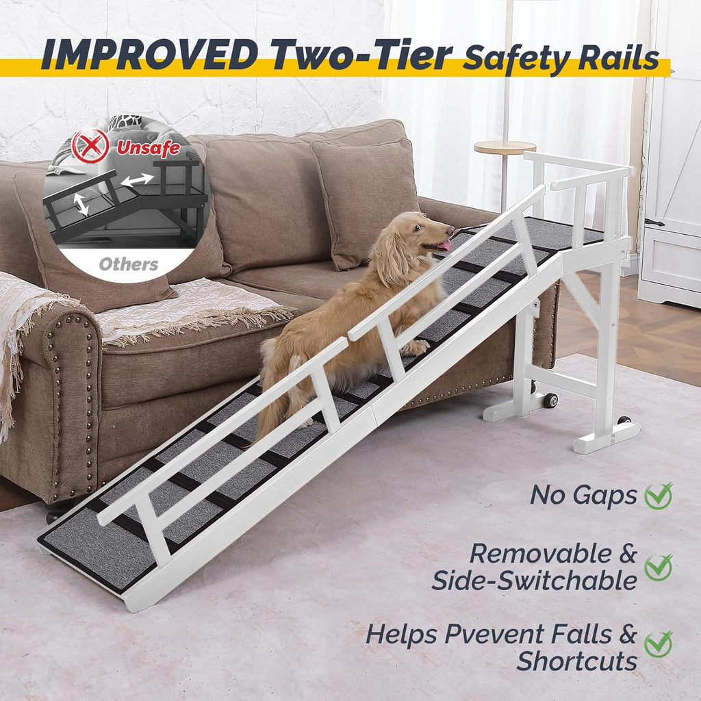 Dog Ramp for Bed or Couch, Wooden Pet Ramp with 20° Gentle Slope, Removable Side Rails, Non-Slip Surface, Top