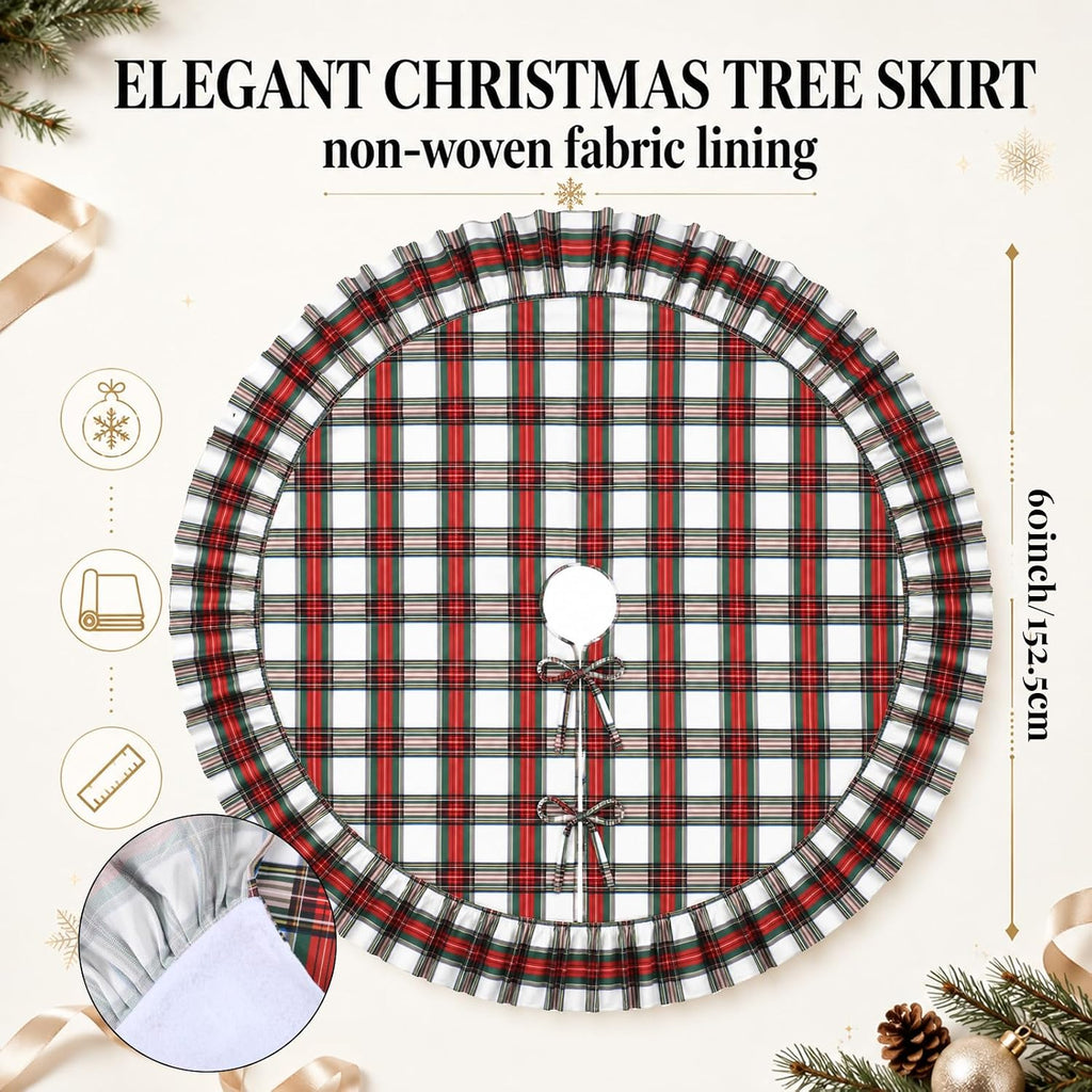 Red, Green, White Plaid Ruffled Christmas Tree Skirt, 60 Inch