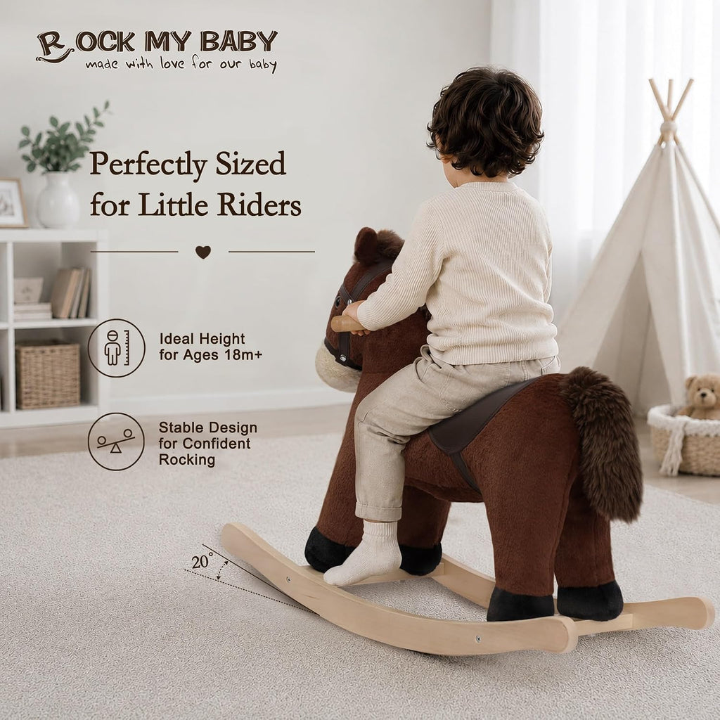 My Baby Rocking Horse, Dark Brown Horse Rocker for Toddlers 18M+, Plush Ride on Horse Toy with Realistic Sound,Soft