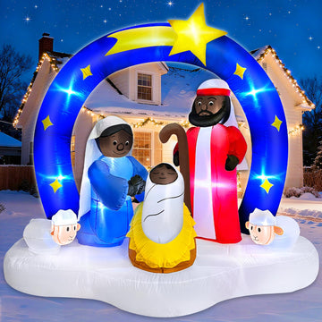 7 FT Long 6 Ft Tall African American Christmas Inflatable Black Nativity Set Built-in LED Lights The Birth of Jesus