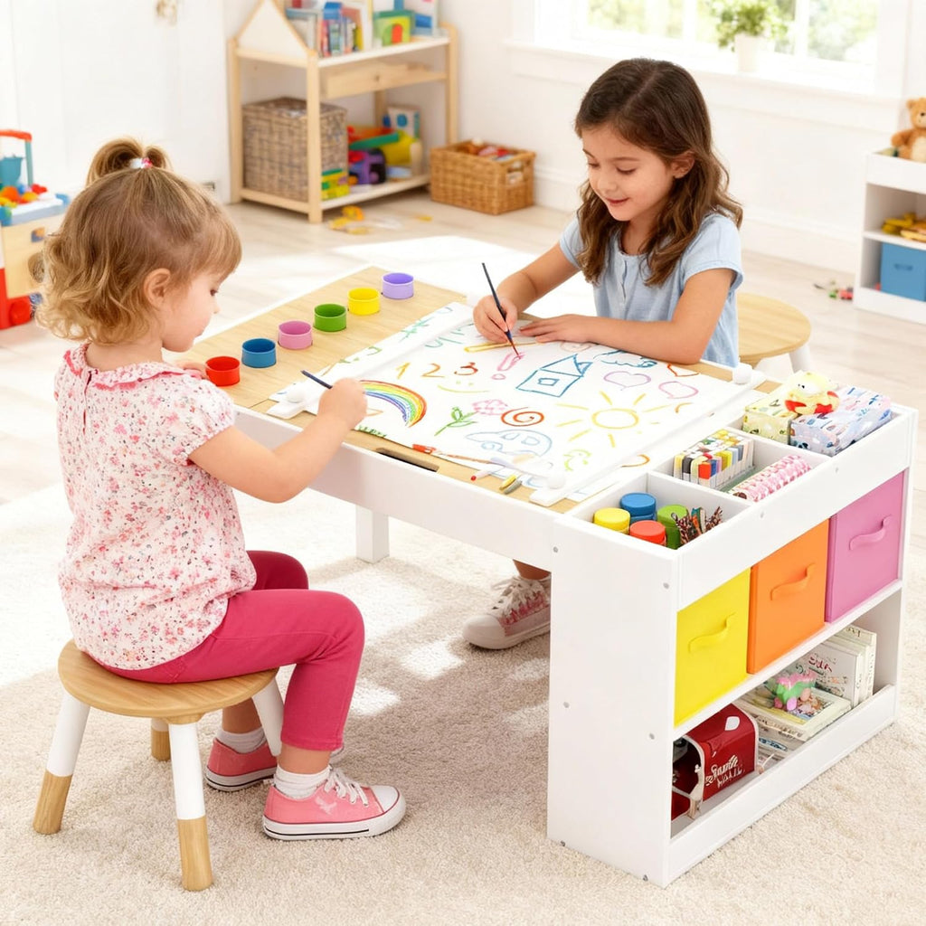 Kids Art Table and 2 Chairs Set, Wooden Craft Desk with Storage Shelves, 3 Storage Bins & Paper Roll for Drawing