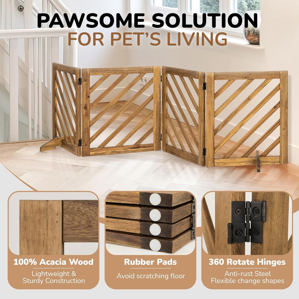 Solid Acacia Wood Dog Gate, Expanded Wide 81 Inches, Freestanding Dog Gate Indoor, Foldable 4 Panels with 2 Support
