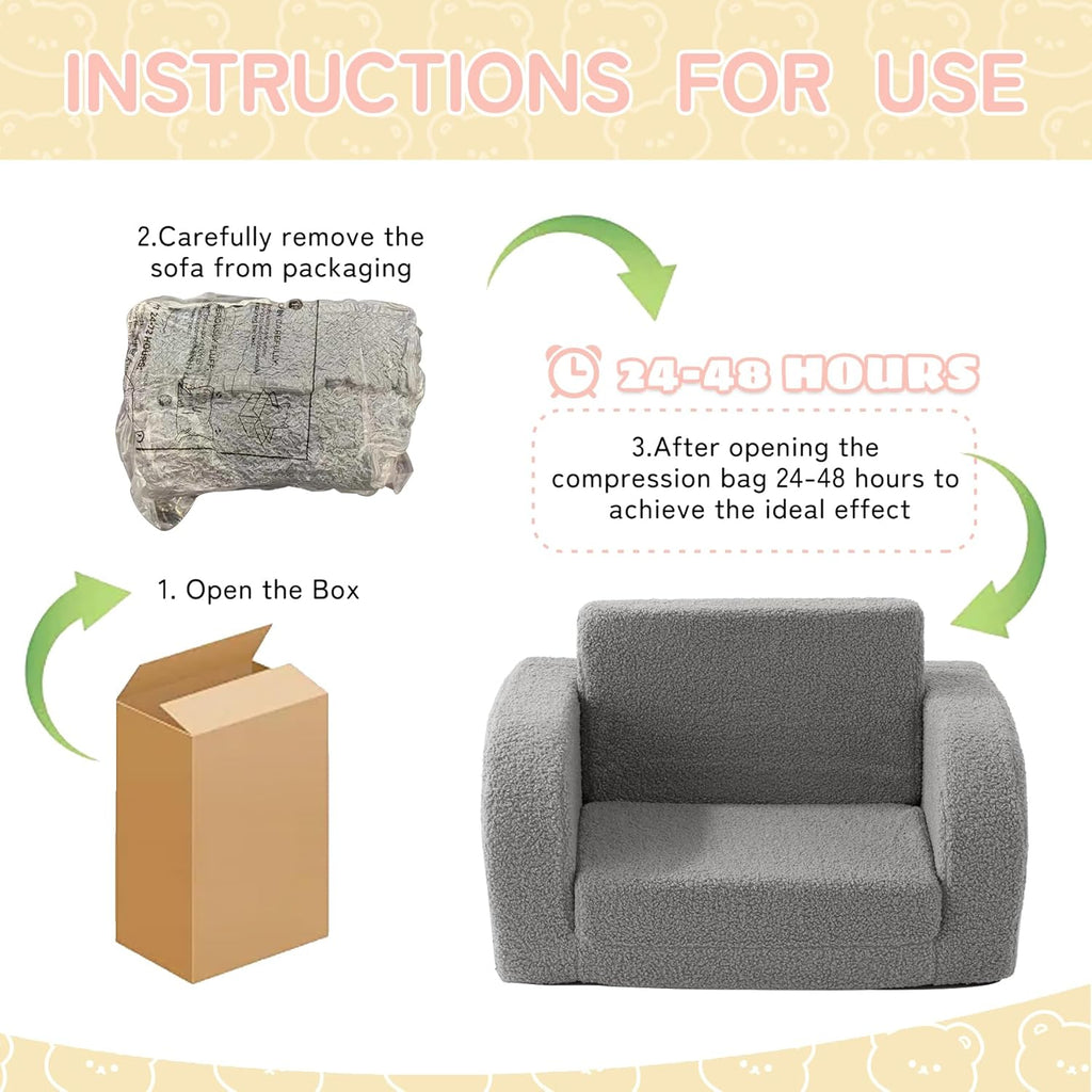 Toddler Chair, in-1 Foldable Kids Couch for 1-3 Years Old, Grey