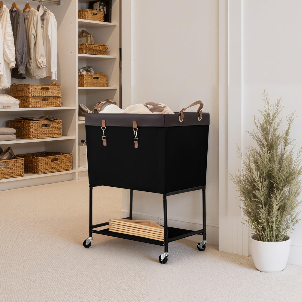 Laundry Cart, 2 Tier Rolling Basket with Wheels, 29 Gal, Black