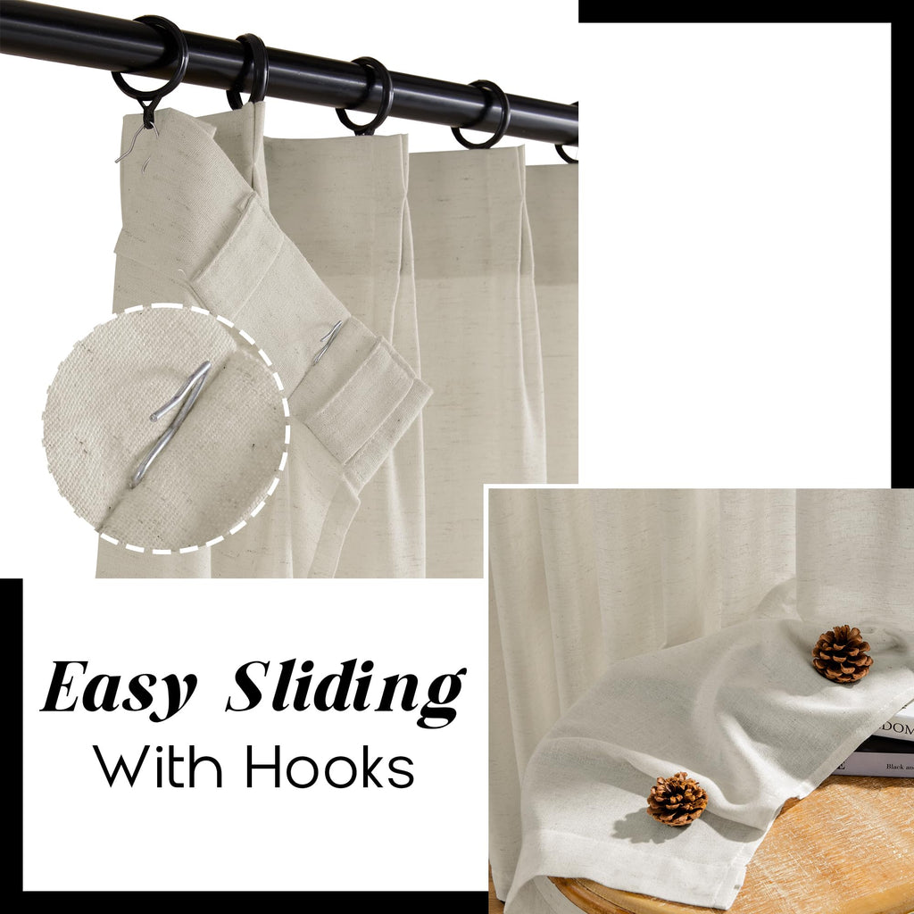 102 Inch Long Oatmeal Pinch Pleated Linen Curtains, Lightweight Semi Sheer Natural Fabric Fiber Color Floor to