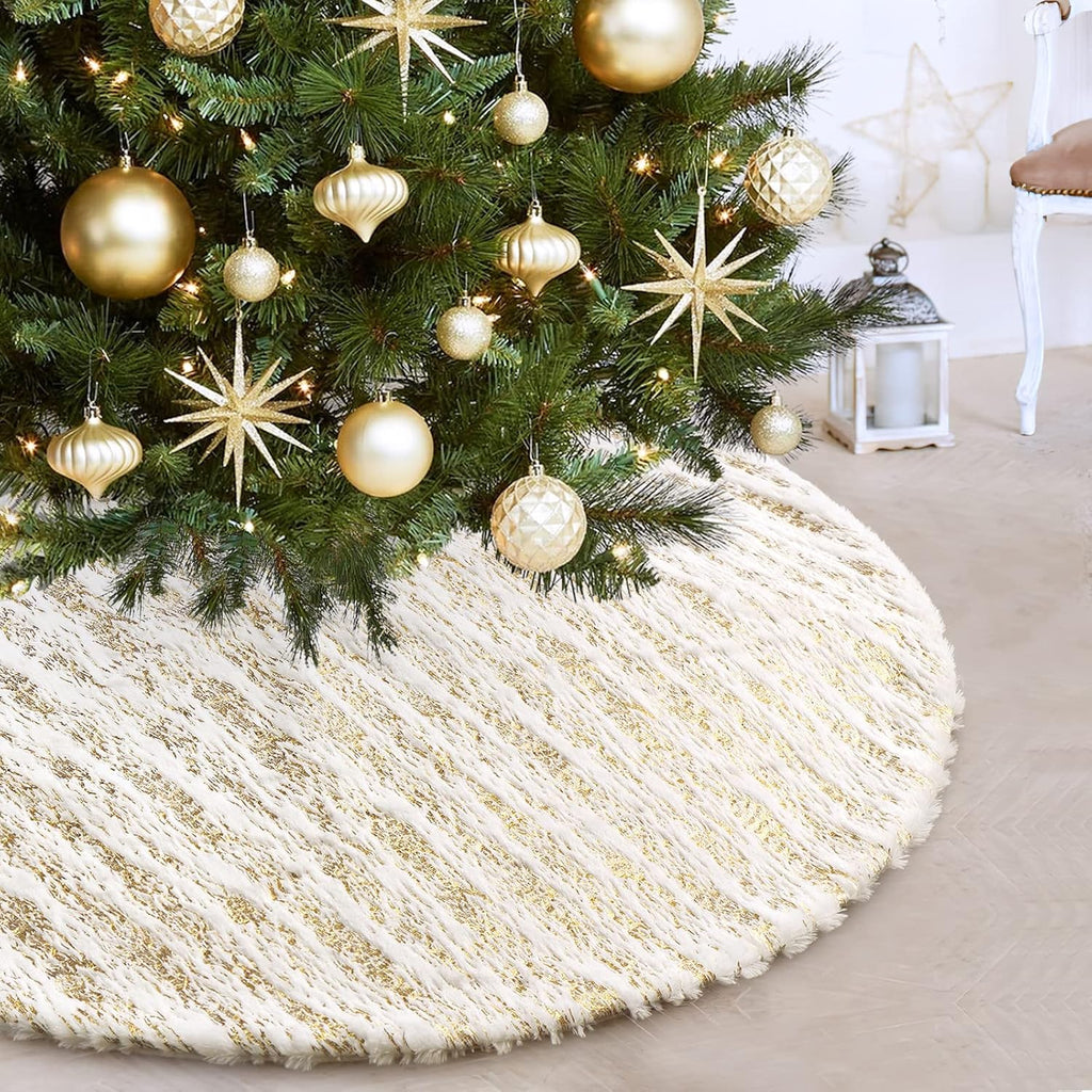 Christmas Tree Skirt White Bronzing Luxury Faux Fur Tree Skirt (Gold 48in)