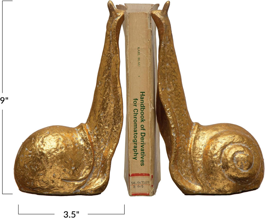 Decorative Distressed Cast Metal Snail Bookends, Gold