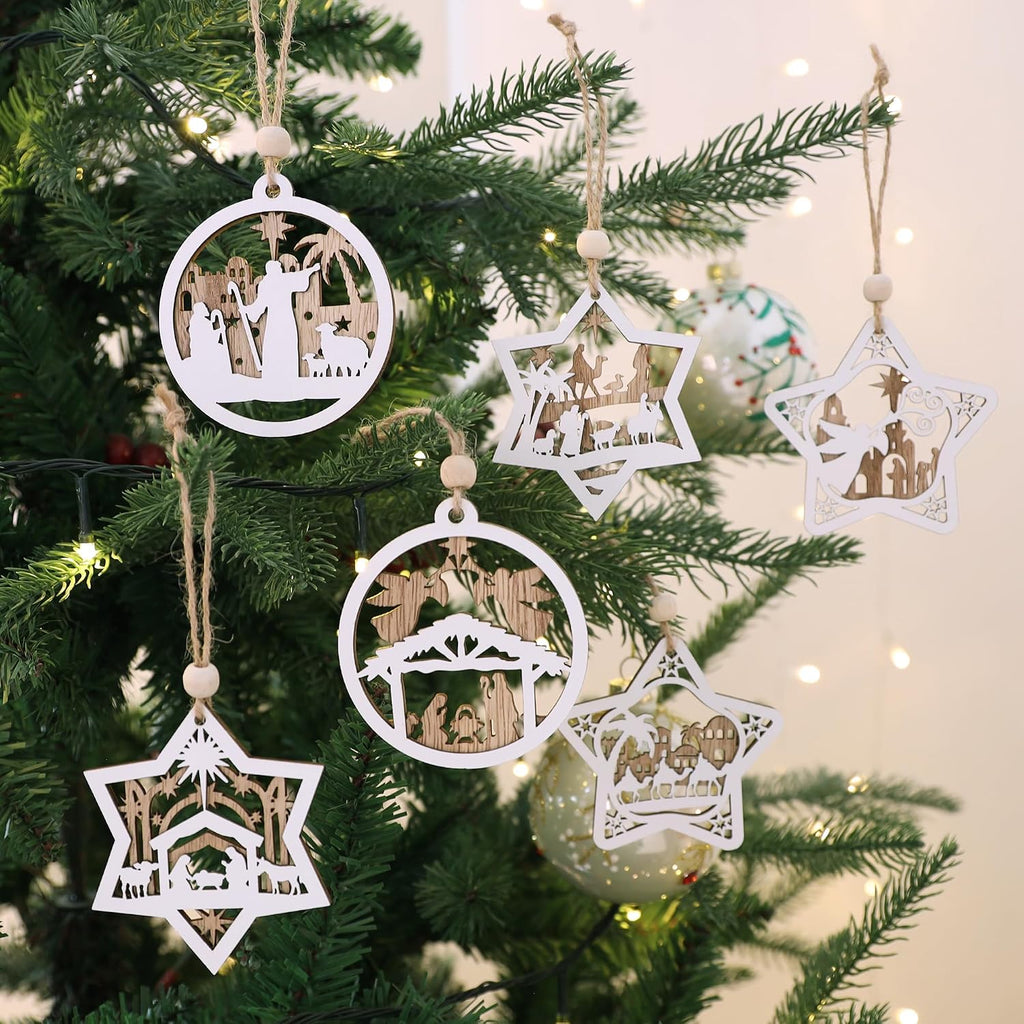 Wooden Nativity Scene Christmas Tree Ornaments Set - Set of 18