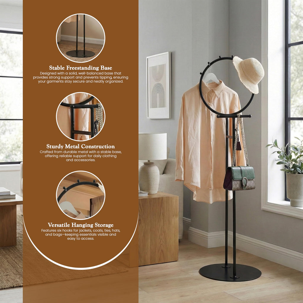 Cheska Suit Valet Stand with Circular Frame - Tie Jacket Clothes Hooks, Freestanding Clothing Organizer, Black