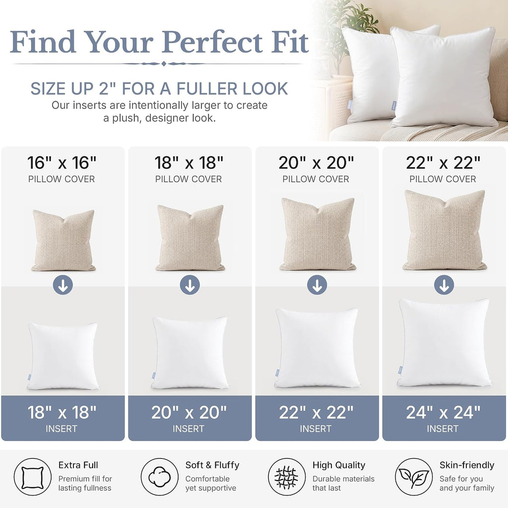 18x18 Throw Pillow Inserts-100% Cotton Cover - Set of 2
