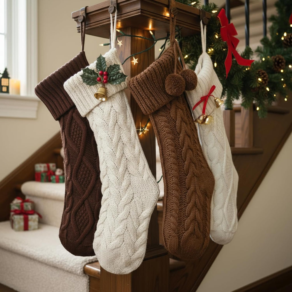 4 Pack Cable Knit Christmas Stockings 18 Inch Farmhouse Large Rustic Neutral Knitted Stockings Ornaments Hanging Xmas