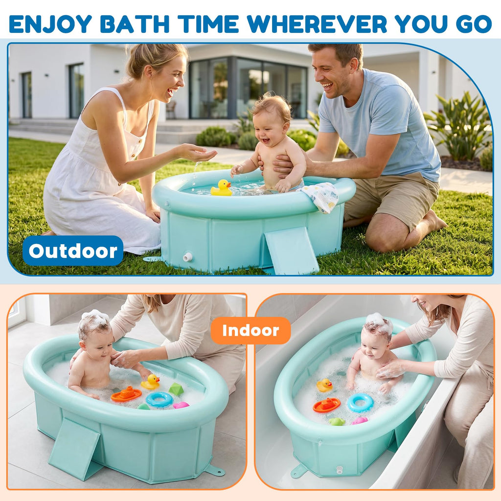 Portable Toddler Bathtub with Inflatable Top Edge & Side Drain Plug