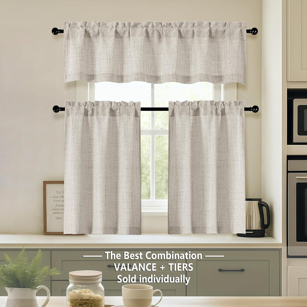 Valance for Windows, Light Filtering Faux Linen Textured Small Short Valance Kitchen Curtain, Dual Rod Pocket Top
