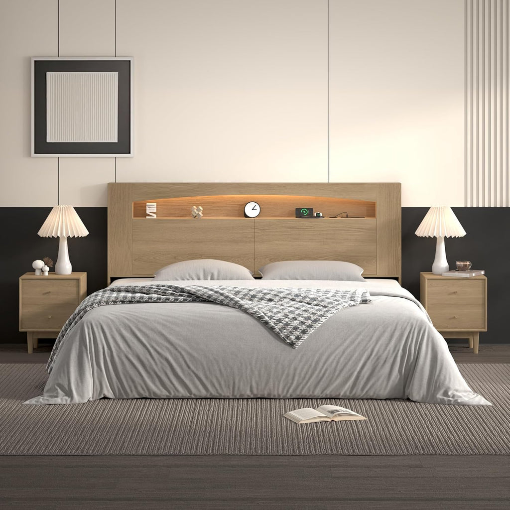 King Headboard Only Modern Sturdy Wooden Bed Backboard Wall Mounted Head Board, 3 Storage Zones, Unique Skirting