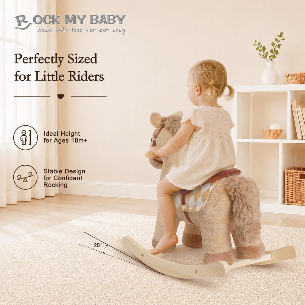 My Baby Rocking Horse for Toddlers 18M+, Light Brown Plush Ride-On Horse Toy with Realistic Galloping Sounds
