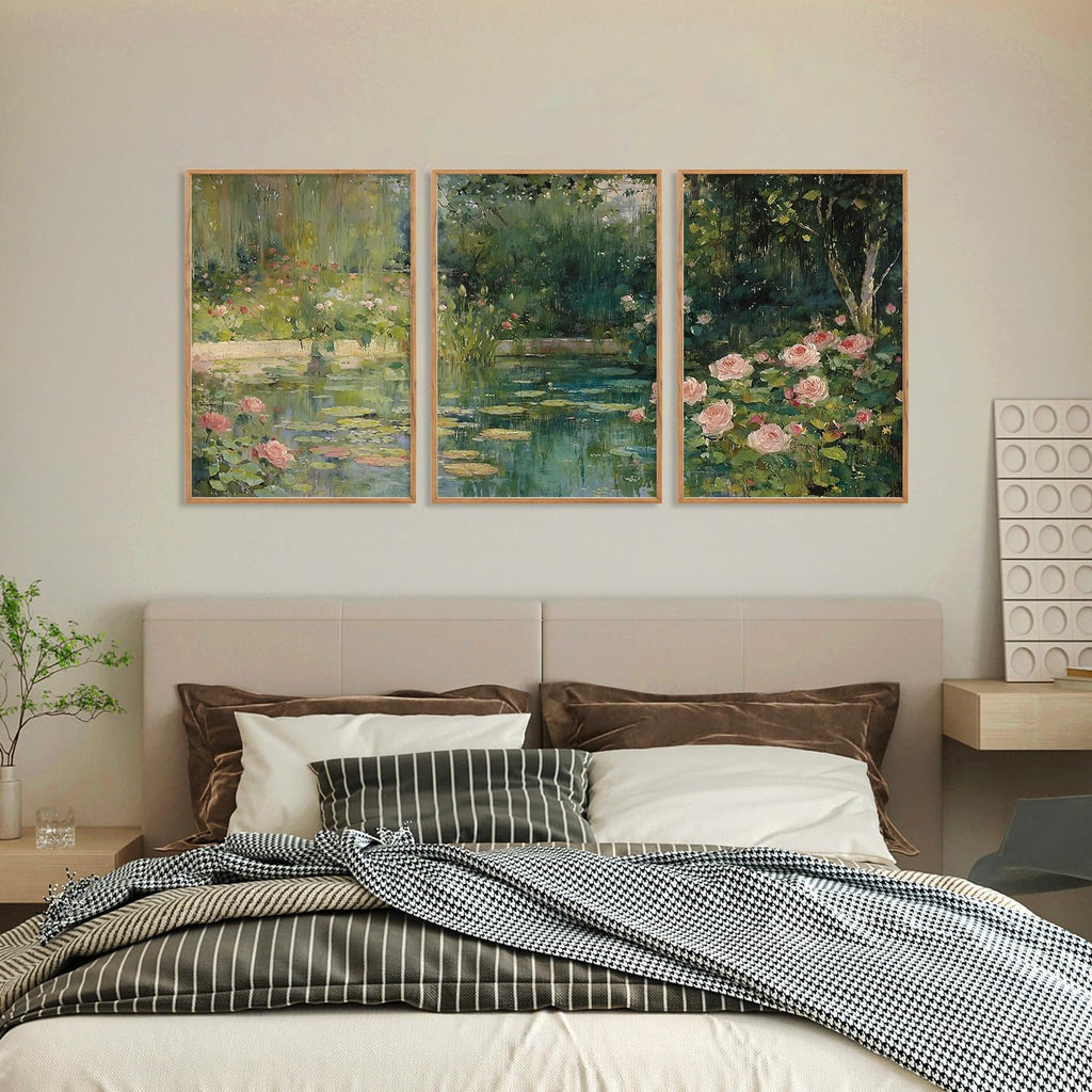 Monet Framed Canvas Wall Art Set, Impressionist Floral Garden Wall Decor, 3 Piece Claude Monet Green Botanical