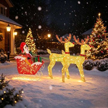 Christmas Lighted Reindeers with Santa Claus Sleigh Set 3FT, 270 LEDs 30V