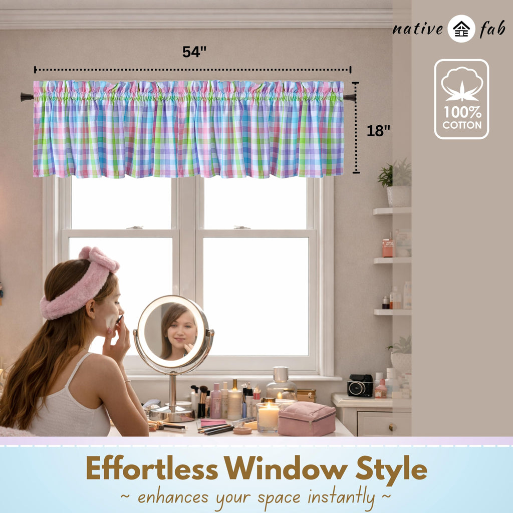 Gingham Window Kitchen Curtains, 2 Pack, Multicolor, 54x18 Inches, Rod Pocket, Semi Sheer, Decorative Valance Topper