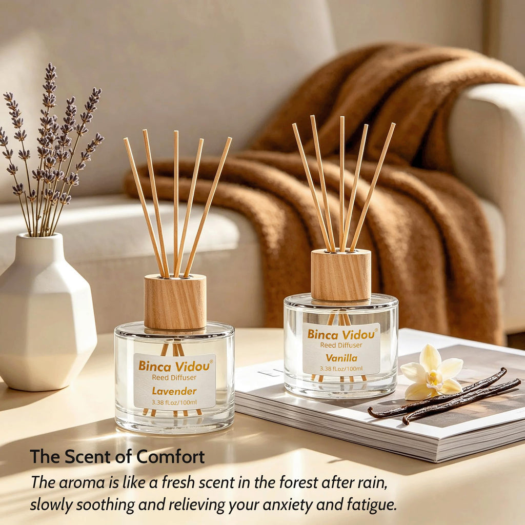 Reed Diffuser Set, Lavender & Vanilla Natural Scent Oil Diffusers with Sticks Bathroom Aromatherapy Decor 3.4oz x 2