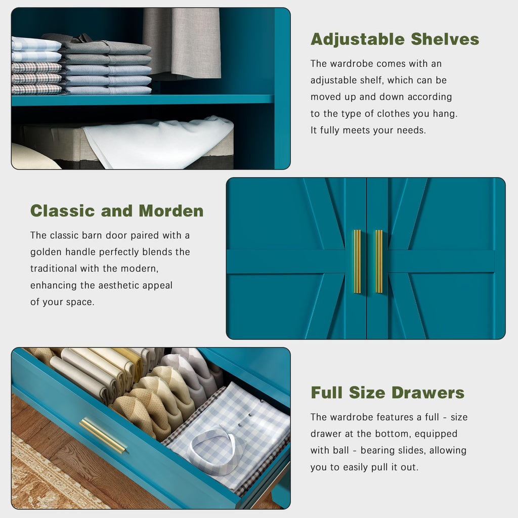 71 Farmhouse Metal Wardrobe Closet with Hanging Rod, 2 Barn Doors, Adjustable Shelves, Steel Armoire with Drawer Green