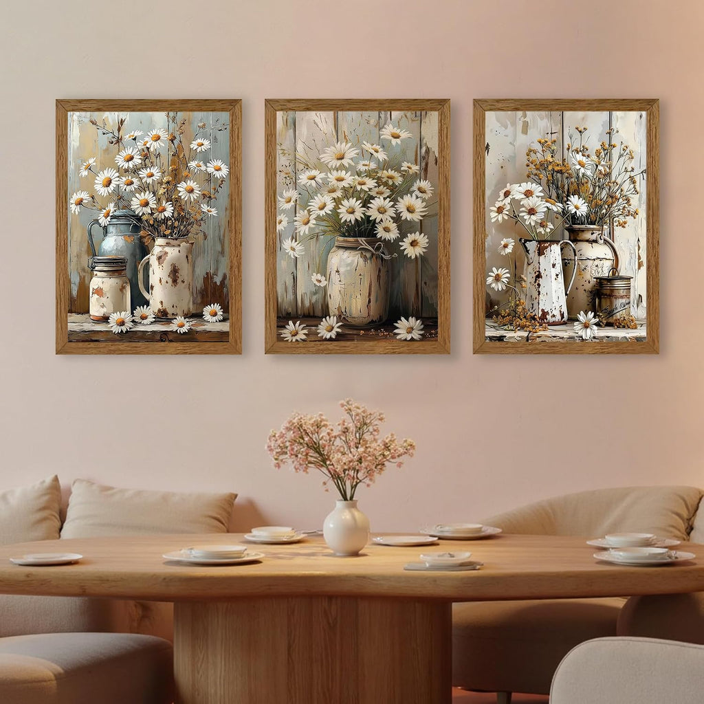 3 Piece Vintage Floral Pictures Canvas Wall Art Nature Themed Daisy Artwork Prints Elegant Farmhouse Wall Decor