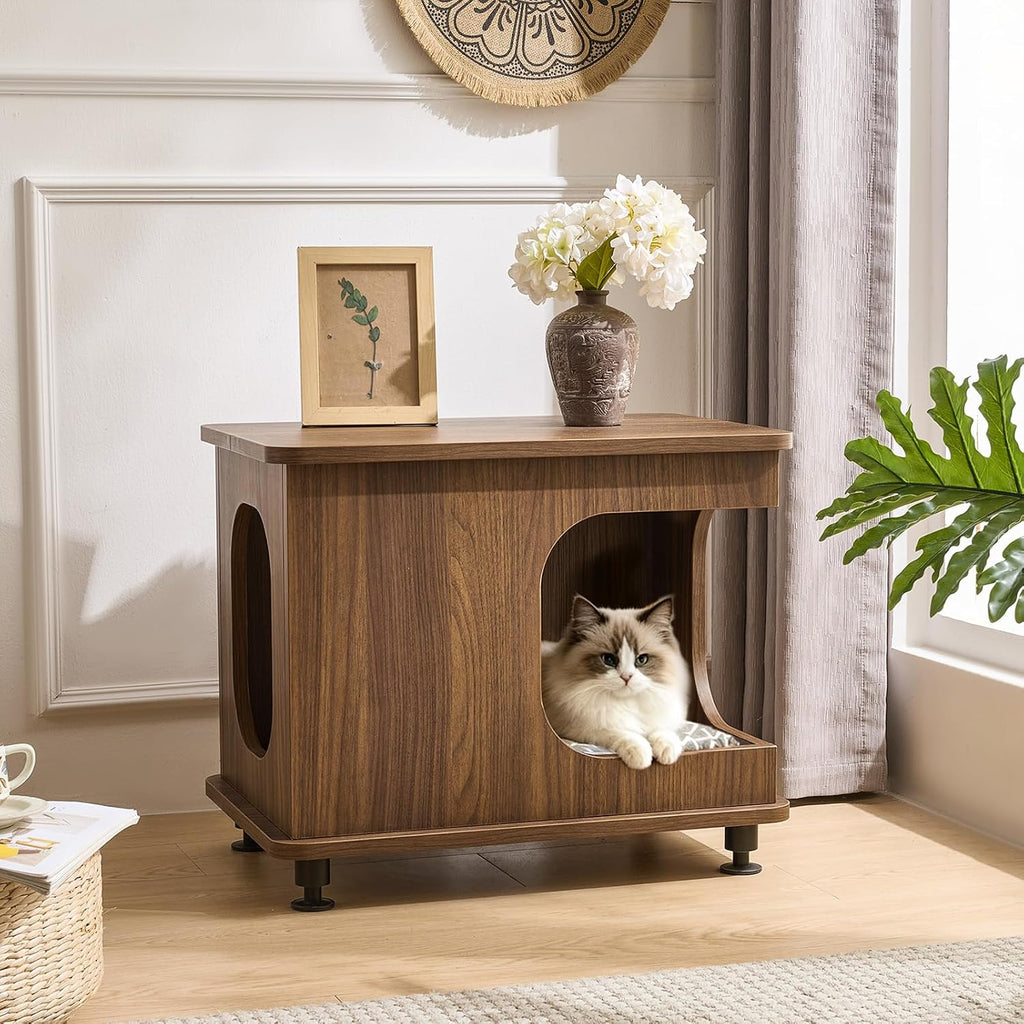 2-in-1 Wooden Cat Bed & Side Table, Hideaway with Cushion for Indoor Cats