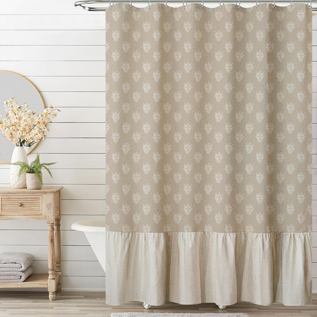 Beige Linen Textured Ruffle Shower Curtain - Vintage Floral Block Print,Boho Cottagecore Farmhouse French Country