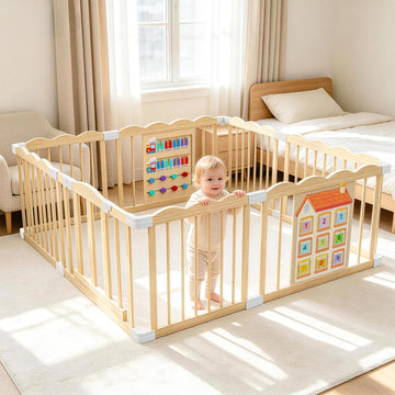 Wooden Baby Playpen with Built-in Activity Panel, 50x65x24In | Large Adjustable Natural Pine Wood Play Pen with