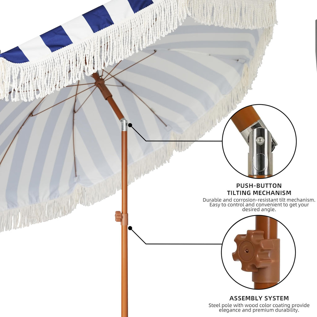7ft Patio Umbrella with Fringe Outdoor Tassel Umbrella UPF50+ Wood Color Steel Pole and Steel Ribs Push Button Tilt