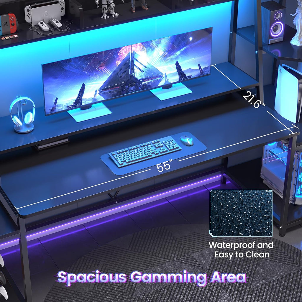 79'' Gaming Desk with LED Lights, Hutch and Storage Shelves, Black | Computer Desk with Monitor Stand, Large PC Gamer