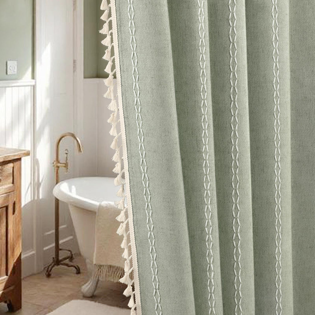 Sage Green Boho Linen Texture with Embroidery Woven and Tassel, 72" L X 72" W