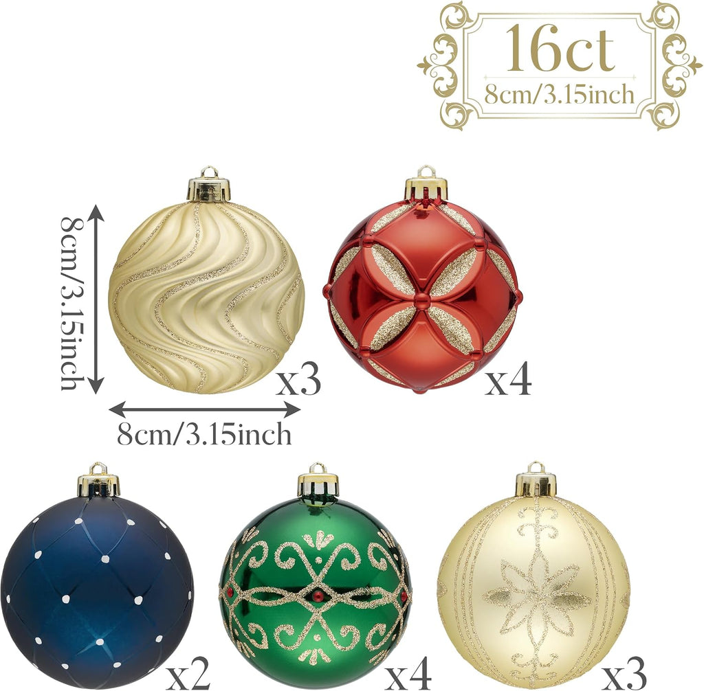 16ct Christmas Tree Decorations Ball Ornaments 3.15 Inches