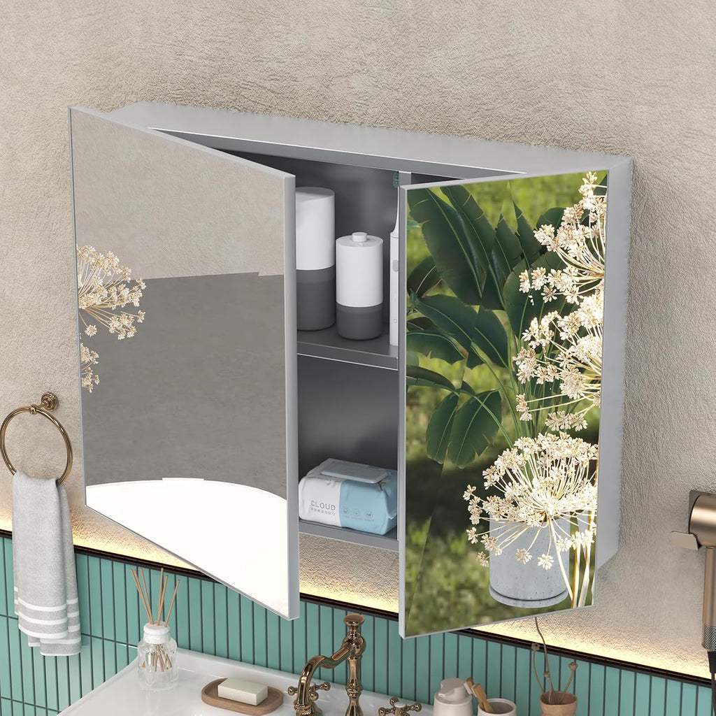 36x24 Medicine Cabinet Mirror with Storage, Pre-Assembled Medicine Cabinets , Recessed or Surface Mount Large Silver