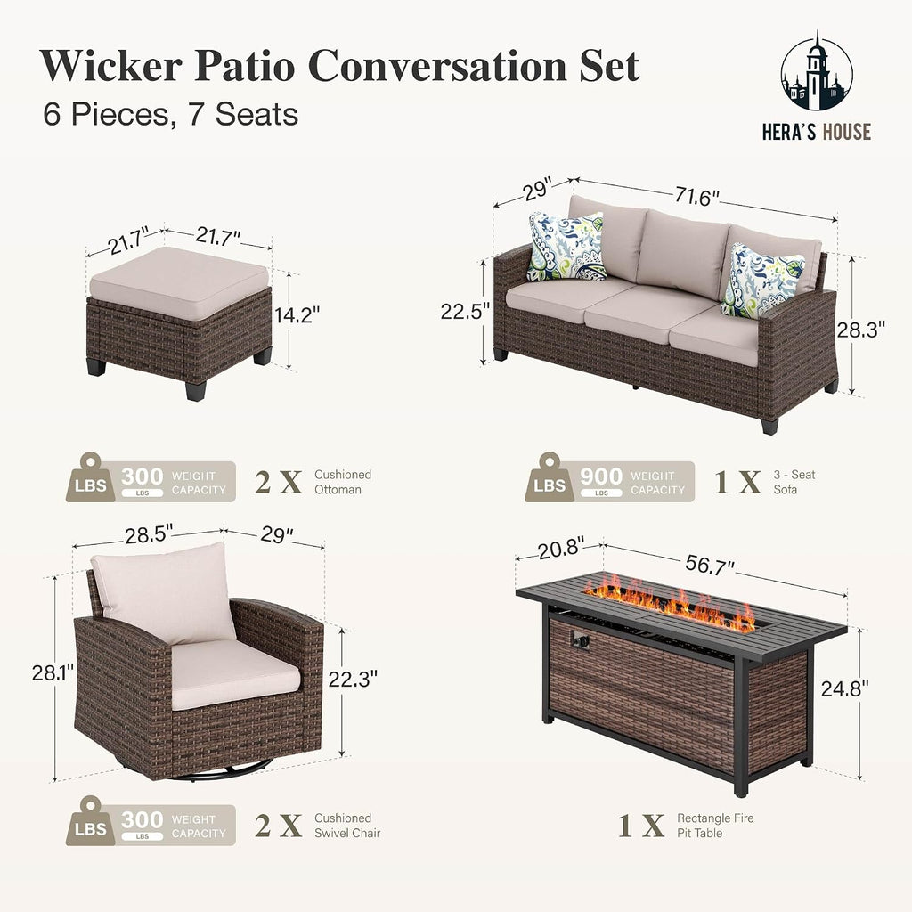 Swivel Glide Patio Furniture Set with Fire Pit Table Wicker | Outdoor 6 Pieces Sectional Conversation Sofa Sets for