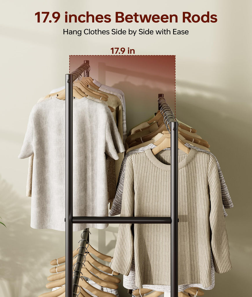 Clothes Rack - 36.2" x 21.3" x 72", 4-Bar Double Rod Rolling Clothing Rack for Hanging Clothes, Portable Garment Rack