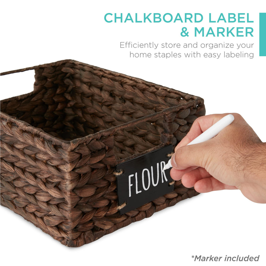 Set of 4 9x12in Water Hyacinth Pantry Baskets, Woven Organizers w/Chalkboard Label, Chalk Marker - Brown