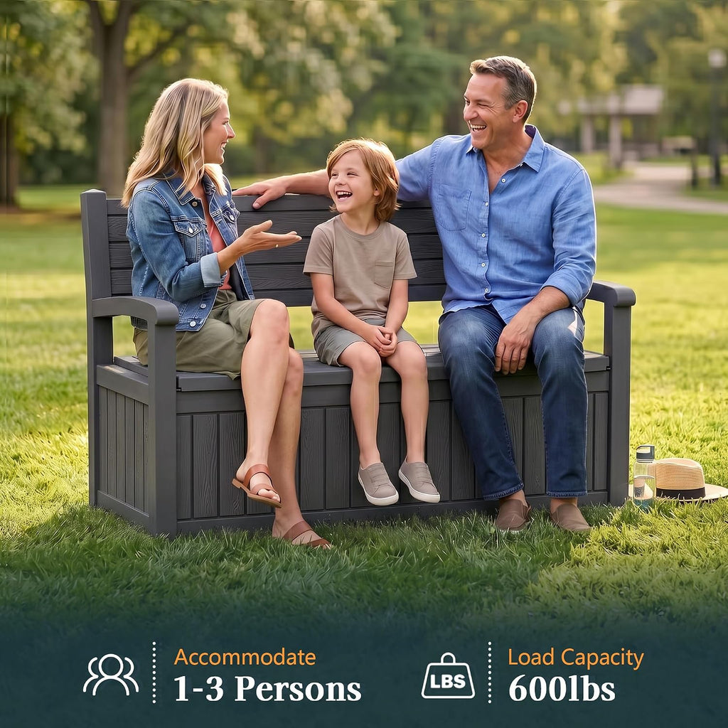Outdoor Bench, Waterproof Garden Storage Bench, 100 Gallon Deck Box | Lockable Resin Bench Seating Weatherproof
