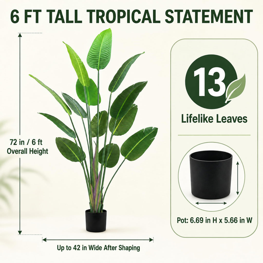 6 ft Artificial Bird of Paradise Plant, 13-Leaf Faux Tree in Pot